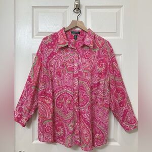 Lauren Ralph Lauren Gauzy Cotton Pink Paisley Button Down 3X Boho Western Spring